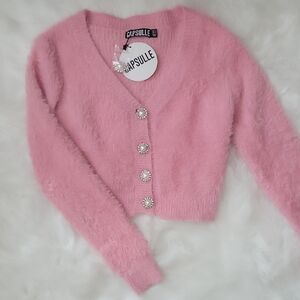 Chic Pink Fuzzy Cardigan with Pearl & Rhinestone Button Accents